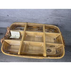 Peterboro Basket co. Divided Caddy W/ Plastic Liner Leather Handles 19x13x4.5”